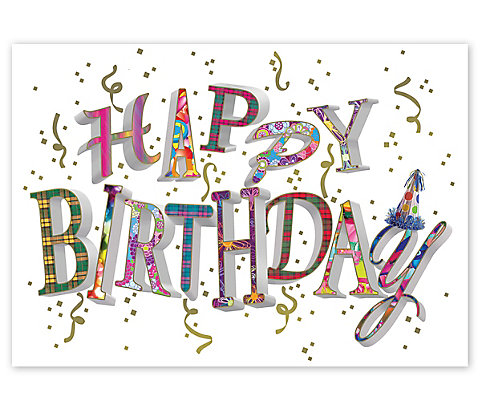 Artistic patterns and colors make up the letters of the words Happy Birthday. Gold foil confetti surrounds this greeting to s