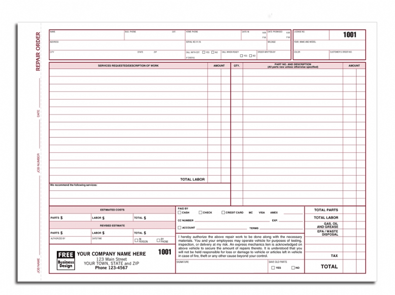 6582 - Auto Repair Order Form with Key Tag
