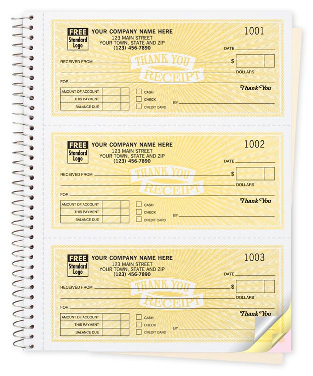 Spiral Bound Custom Printed Receipt Books with Pre-Printed Thank You Design.