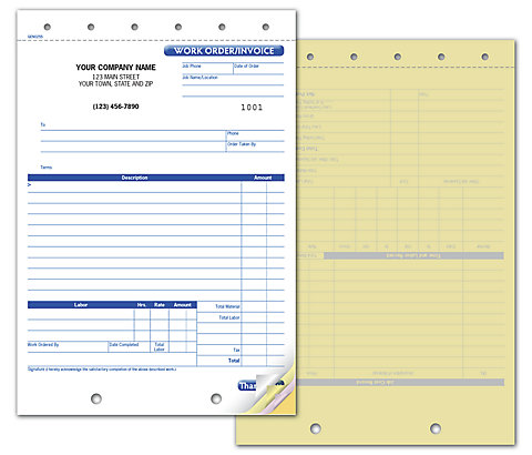 Carbonless invoices to report labor work and hours on multi-copy forms with last copy on a sturdy manila tag.
