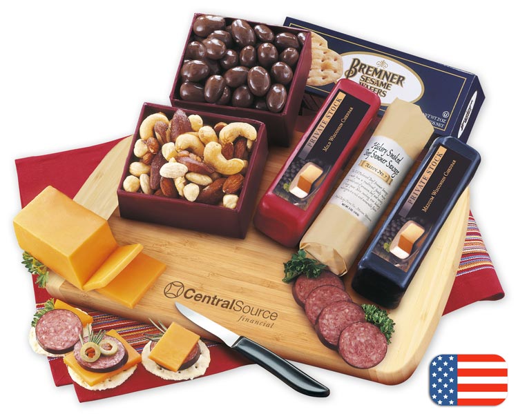 Gift box of party cheese and crackers with personalization