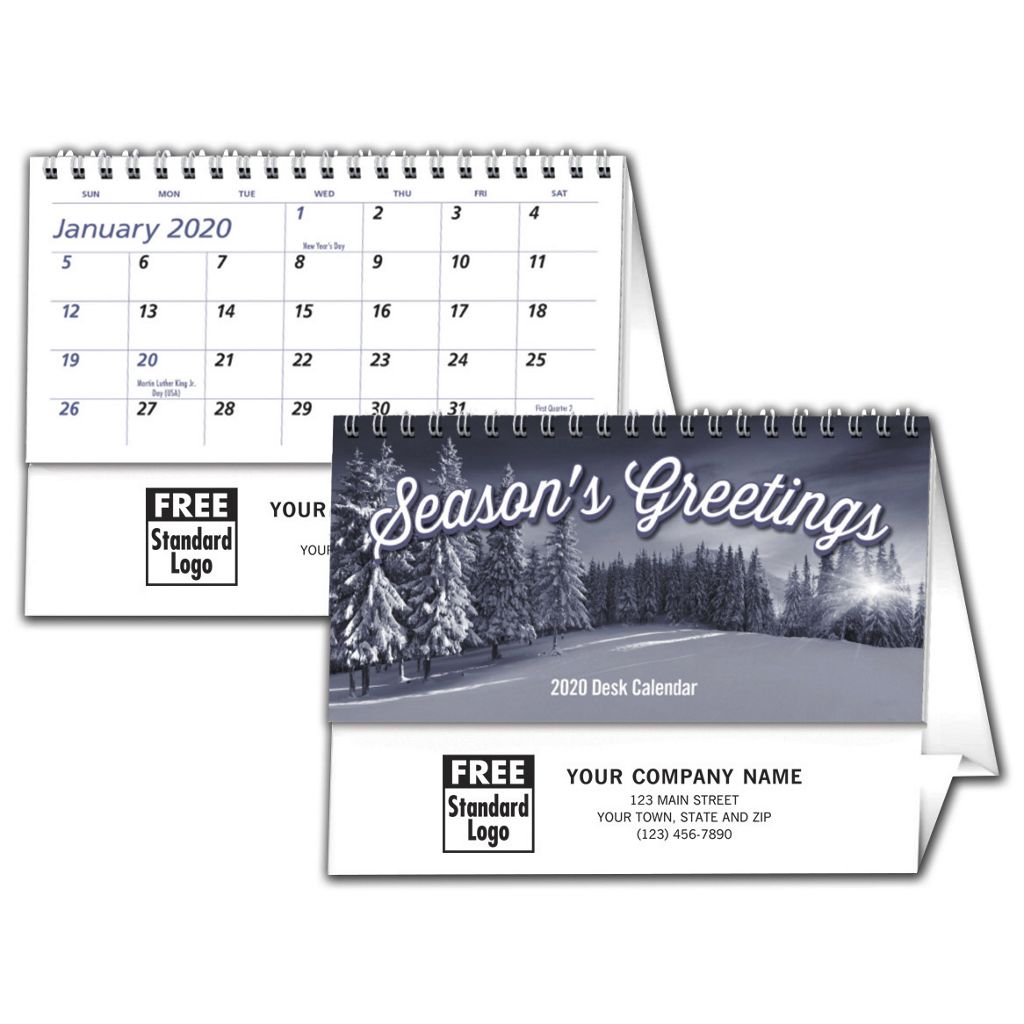 Custom printed 2020 desktop calendar featuring Seasonal Greetings. 