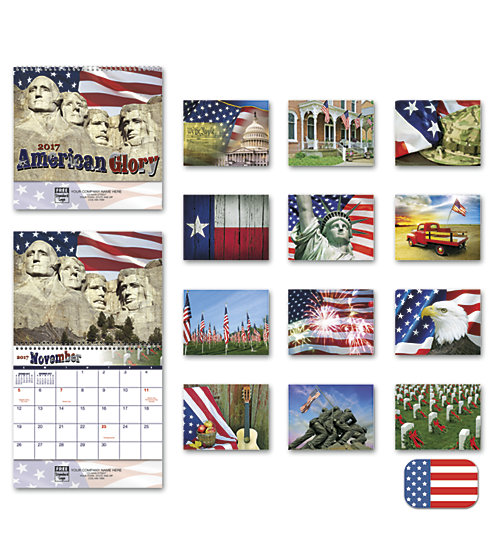 Delight customers with a customized, spiral-bound wall calendar featuring American glory photography. 