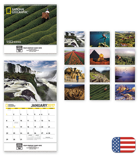 Delight customers with a customized, spiral-bound wall calendar featuring National Geographic's World Scenes photography. 