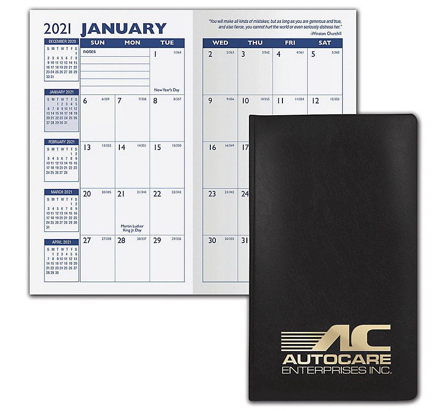 Custom printed 2021 monthly pocket planner with classic vinyl cover.