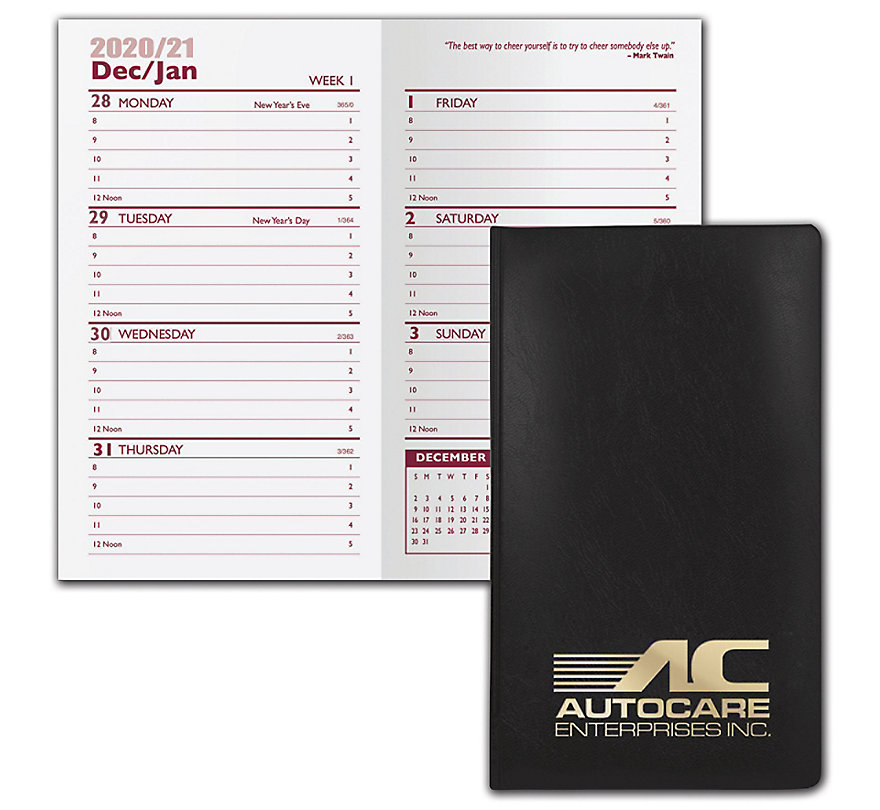 Custom printed 2021 weekly pocket planners with your company name on the front.