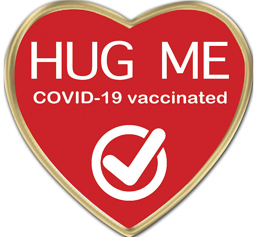 COVID-19 vaccinated pins in a heart-shaped gold border and choice of color design.