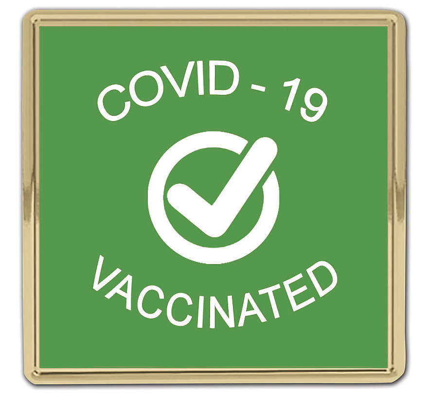 COVID-19 vaccinated pins in a square-shaped gold border and choice of color design.
