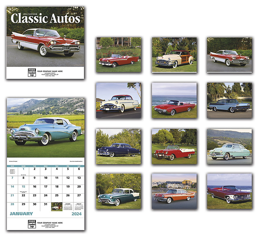 2024 business wall calendar featuring impressive pictures of classic cards for nostalgic auto enthusiasts.