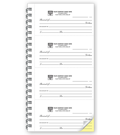 Spiral Bound Custom Printed Receipt Books with 4 receipts per page 