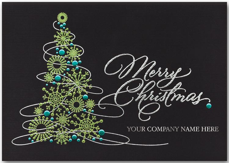 Black linen recycled Christmas card printed with silver foil and a green holiday tree next to your company name.