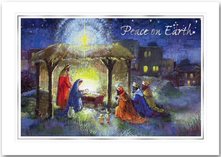 Christmas cards with a traditional religious setting.
