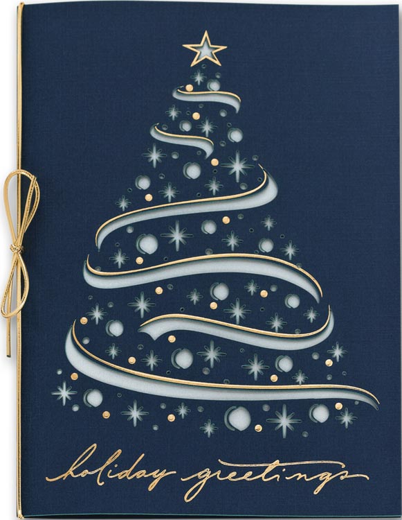Midnight blue recycled holiday card with a silver foil tree