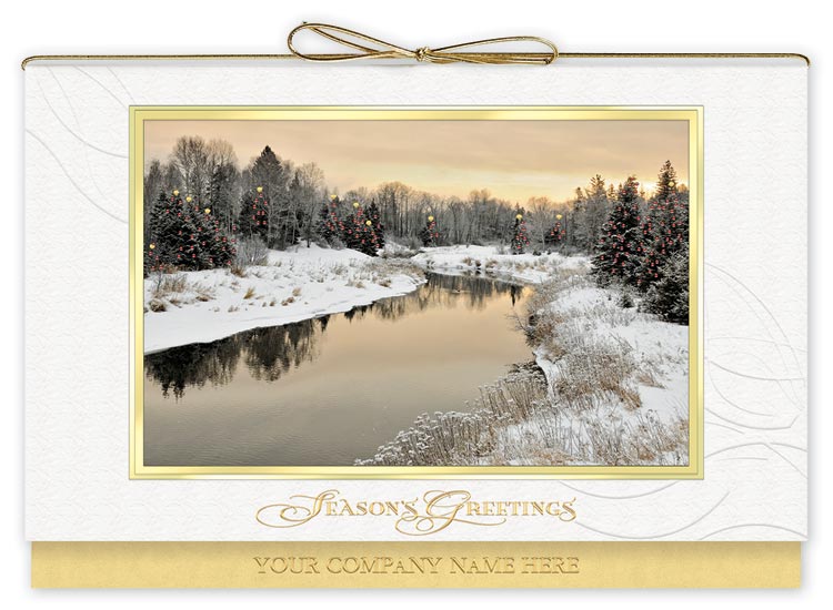 Custom printed holiday greeting card on premium stock with a gold vellum insert and a bow to hold it all together.