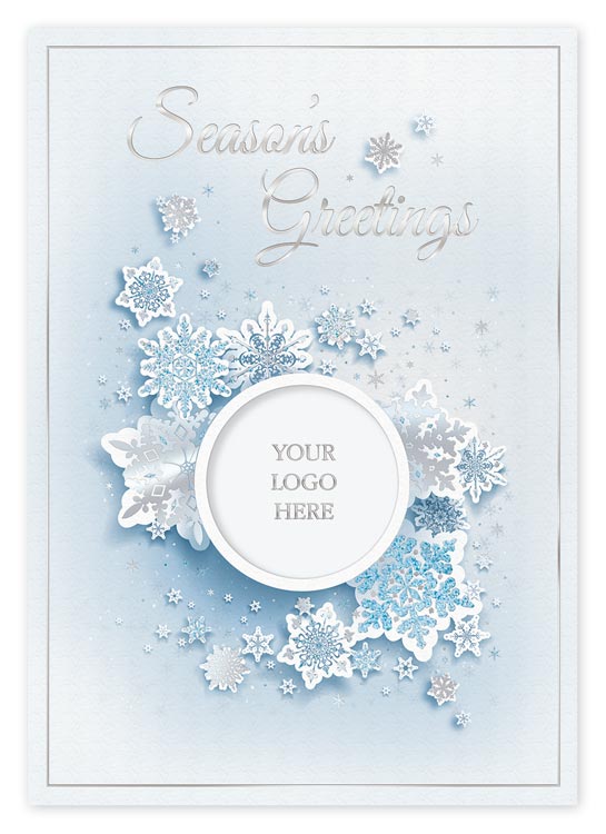 Holiday card custom printed with your business logo and silver and blue snowflakes.