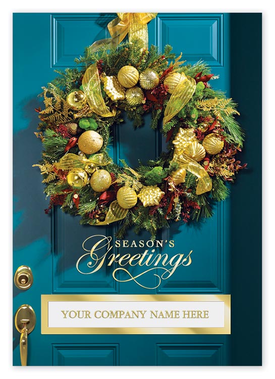 This elegant greeting card portrays a wreath filled with gold ornaments on a blue painted door, displaying your company name.