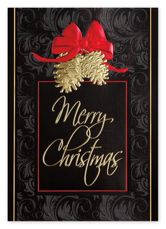 Black Christmas Card custom printed with two gold foil pine cones and a cute red bow. 