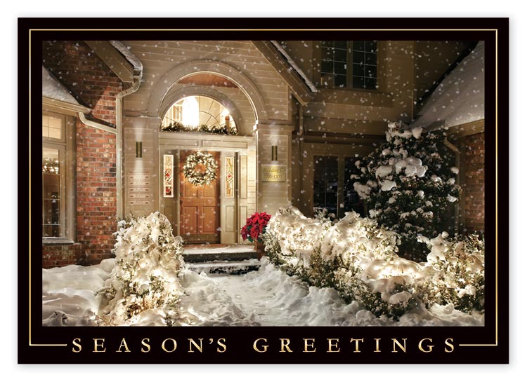 This holiday card portrays a beautiful lit doorway to showcase the holiday welcome.