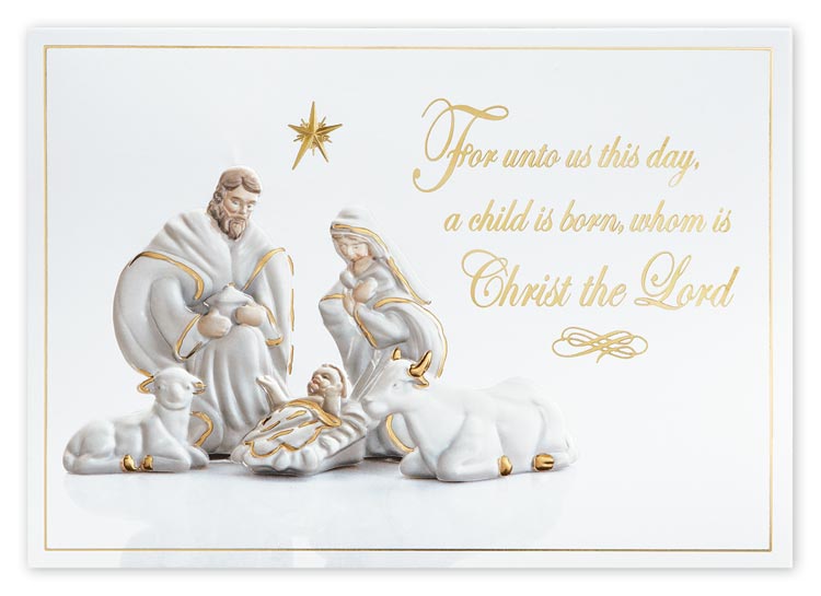 This white and gold Christmas card shows a good representation of the Holy Day with little Jesus and his parents.