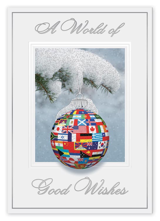 This white and silver foil holiday greeting card showcases an ornament with multiple colorful flags for a peace message.