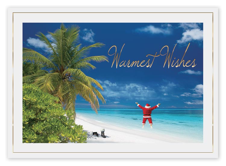 This greeting card shows Santa on a tropical beach scene