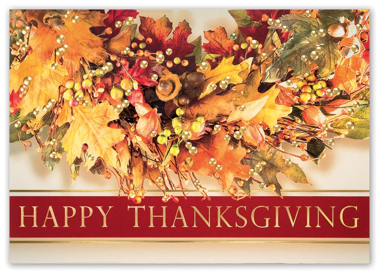 Thanksgiving card with wreath of  autumn leaves and berries with imprint options inside

