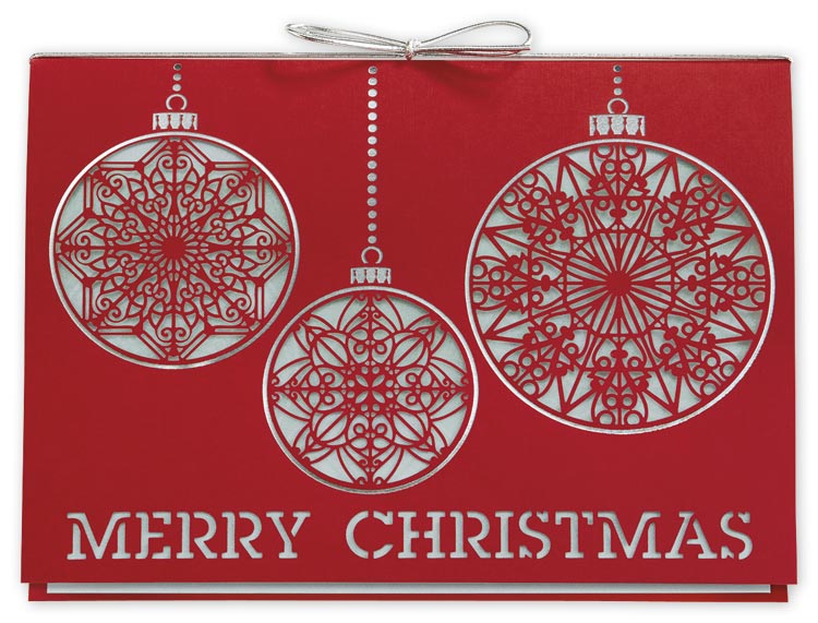 Merry Christmas card with laser cut snowflake ornaments and with custom company greetings
