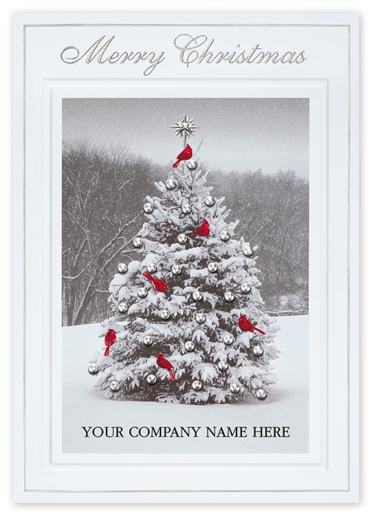 Custom merry trimmings card printed with decorated snowy fir tree with imprint options
