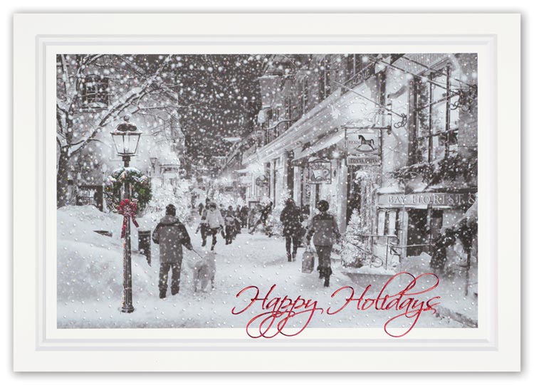 Custom holiday card having beautiful window shopping image
