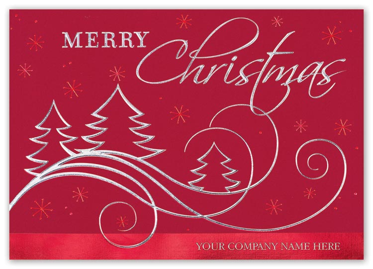 Christmas cards with joyous swirling and delight designs and  company name imprint options

