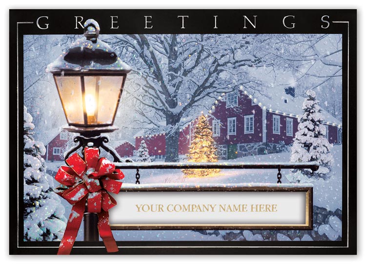 Holiday cards with quaint and romantic winter scenes and with company personalization
