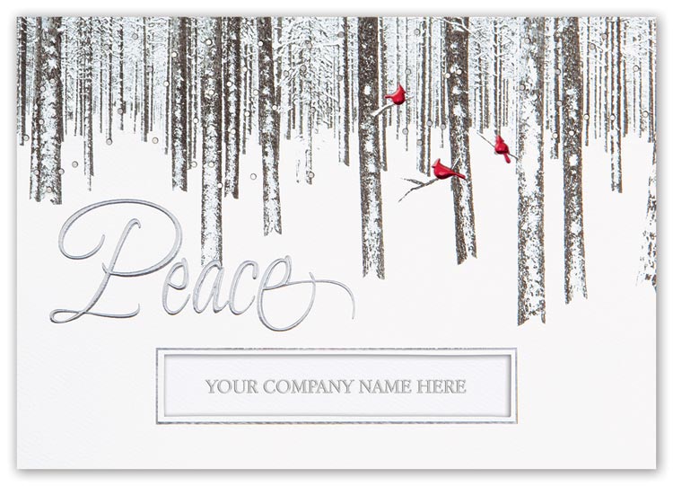 Elegant holiday cards with cherry red cardinals against softly falling snow and company personalization

