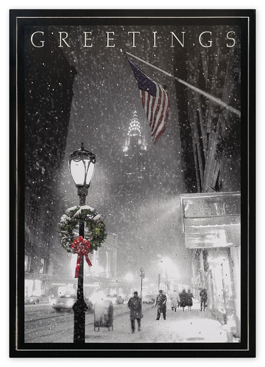 Holiday card with charming city sidewalk image and personalization options
