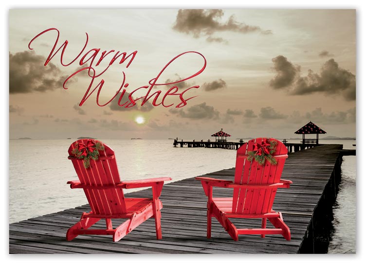Holiday card with a bold boardwalk image by the sea.