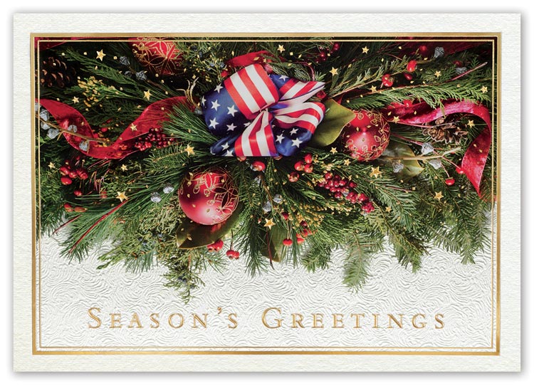 Patriotic holiday card with ribbons,evergreen meet stars and with imprint options

