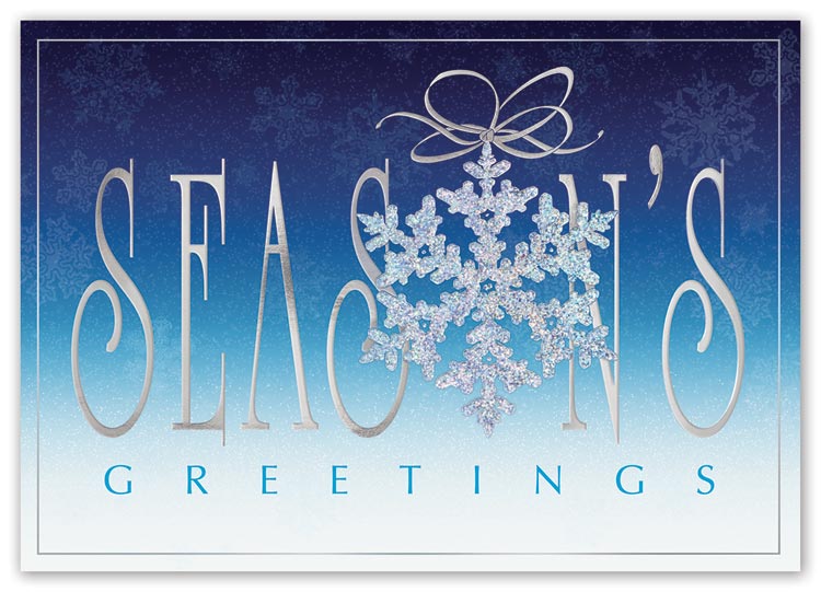 Holiday cards with magically sparkling radiant flakes and with business details personalization
