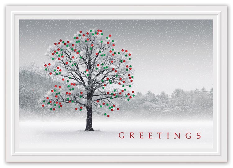 Holiday green and red card with winter jewels and logo imprint inside

