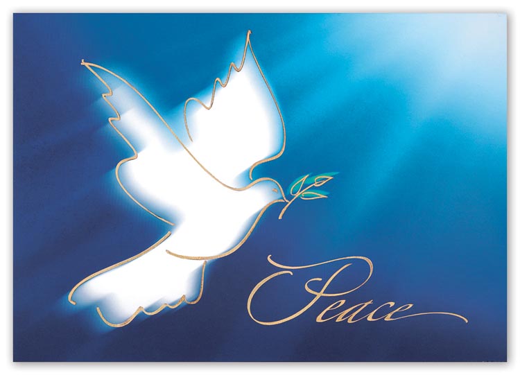 Holiday cards with customization options and ray of peace image.
