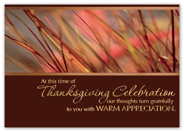 Thanksgiving cards with brilliant blur of autumn hues and company's personalization

