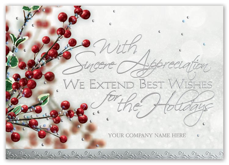 Festive holiday cards with berries and imprint options for personalized message
