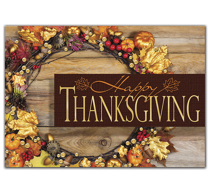 Custom printed Thanksgiving cards reflecting beautifully decorated wreath.