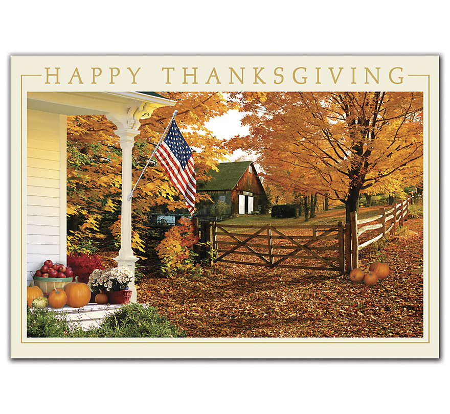 Custom printed business Thanksgiving cards with nostalgic scenery.