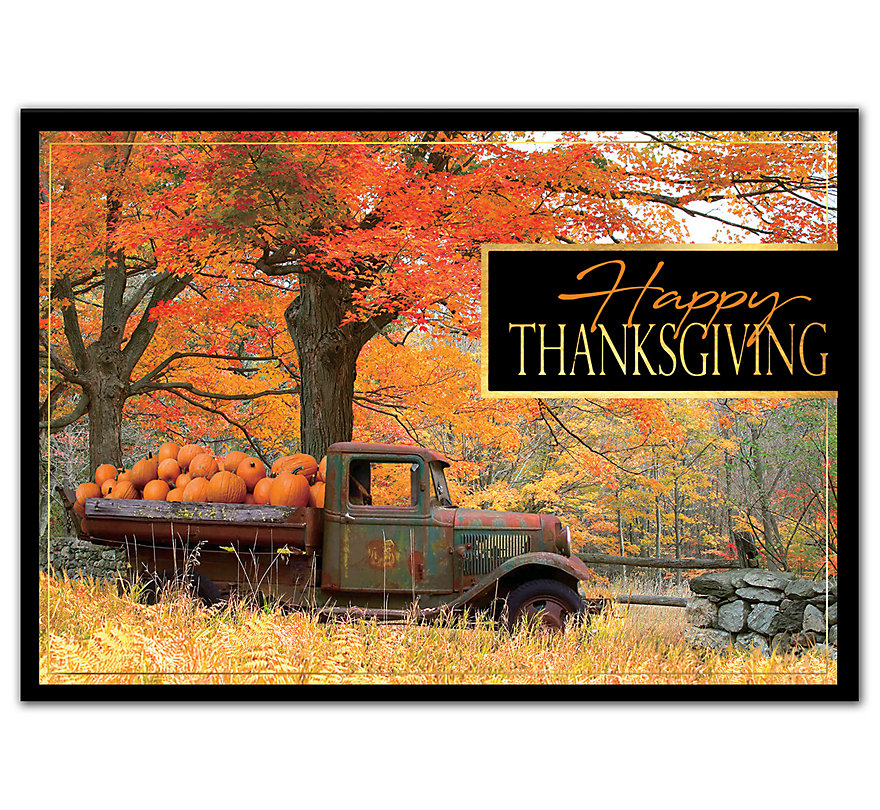 Custom printed Thanksgiving cards reflecting a vintage pick-up truck filled with pumpkins.