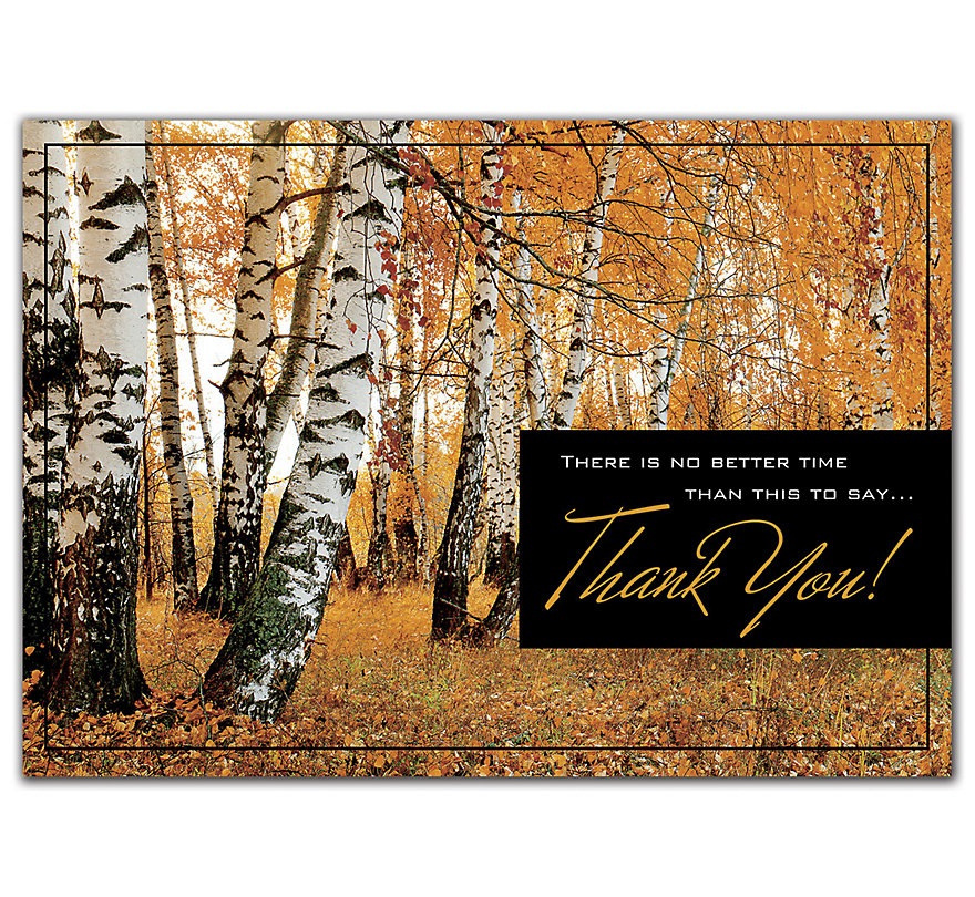 Custom printed Thanksgiving card reflecting a beautiful Fall forest scenery.