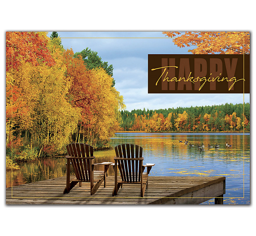 Custom printed Thanksgiving card reflecting 2 Adirondack chairs by a lake filled with ducks.