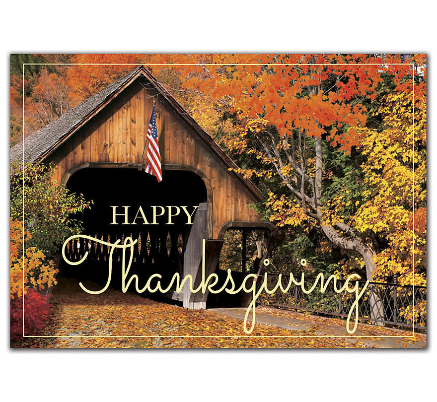 Custom printed Thanksgiving card featuring the American flag over a covered bridge.