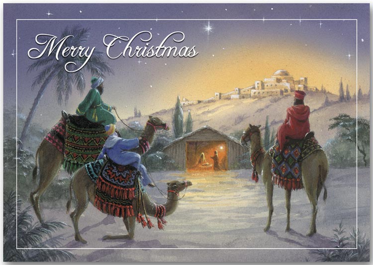 Christmas card with a traditional scene portrayed on the front.