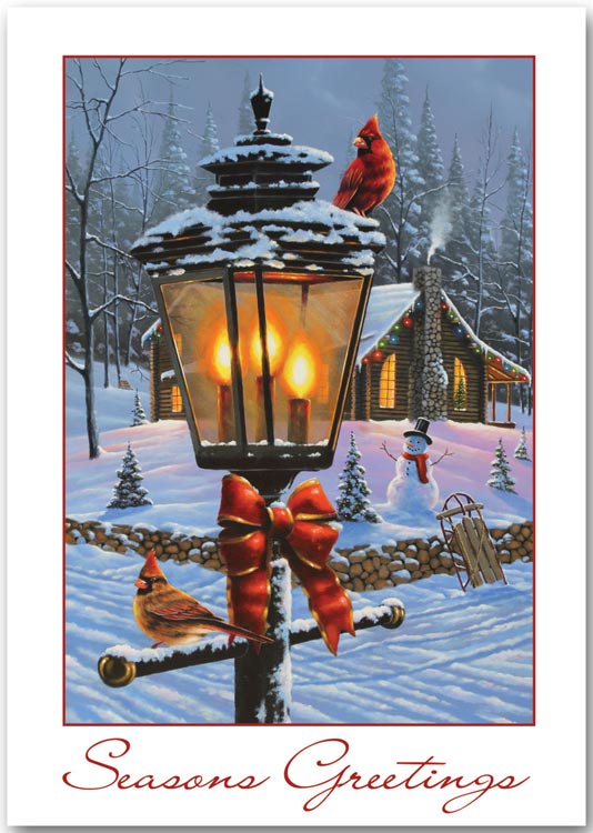 Greeting card with 2 birds on a lantern post