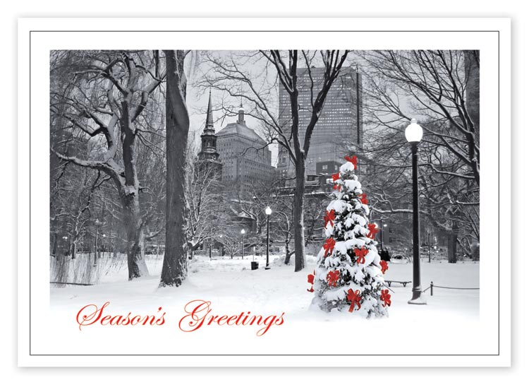 Budget Christmas card with elegant Boston splendor image and custom options
