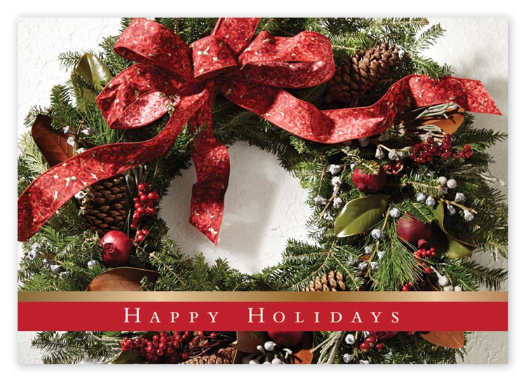 Customized holiday card with a beautiful red bow and pine cones to wish Happy Holidays around.